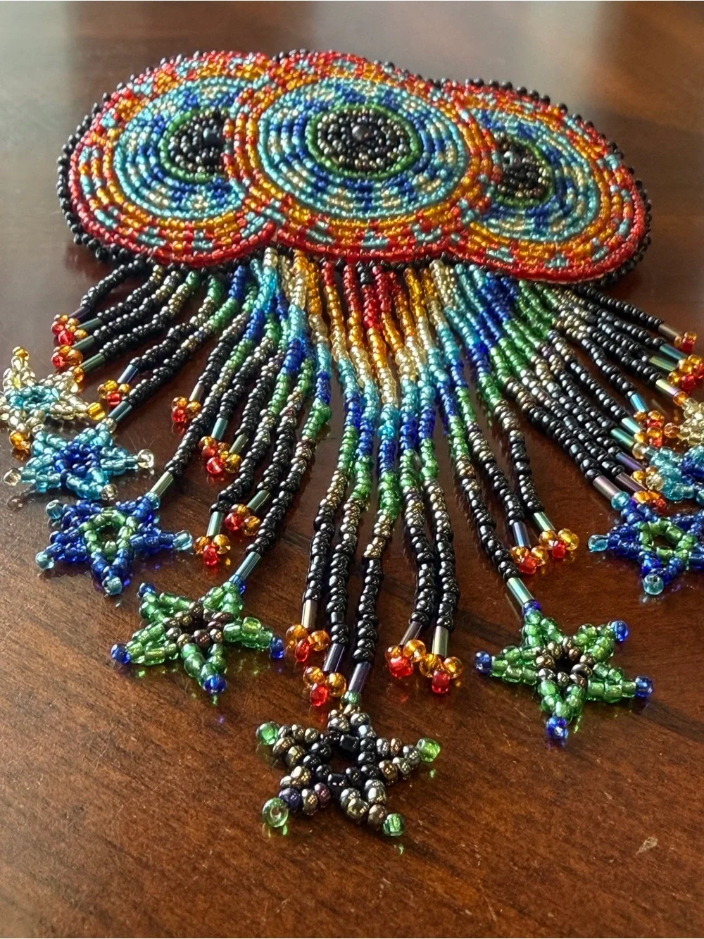 Native American Leather Beaded Star Barrette Hair Clip w/ Fringe Dangles